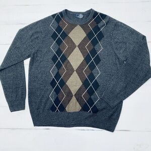 Dockers Mens Argyle Sweater Sz Large Brown Gray Long Sleeves Pullover Crew Neck